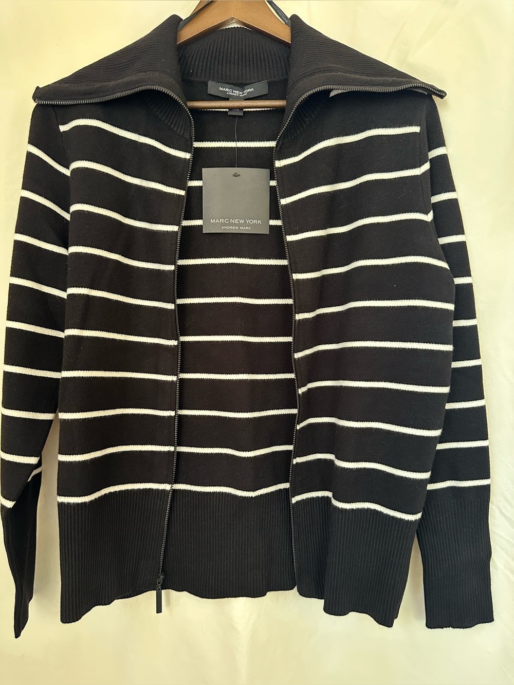 Marc New York Black and White Striped Zip-Up Sweater